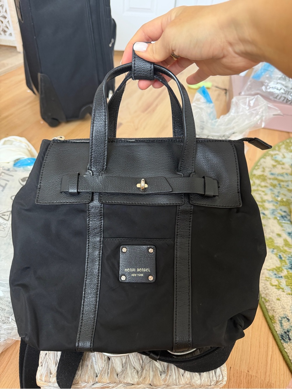 henri bendel Black Nylon Tote with Leather Trim and Gold Hardware